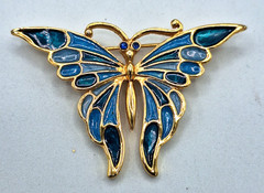 AAi Gold Tone Butterfly Brooch Pin Blue Enamel Blue Crystal Eyes