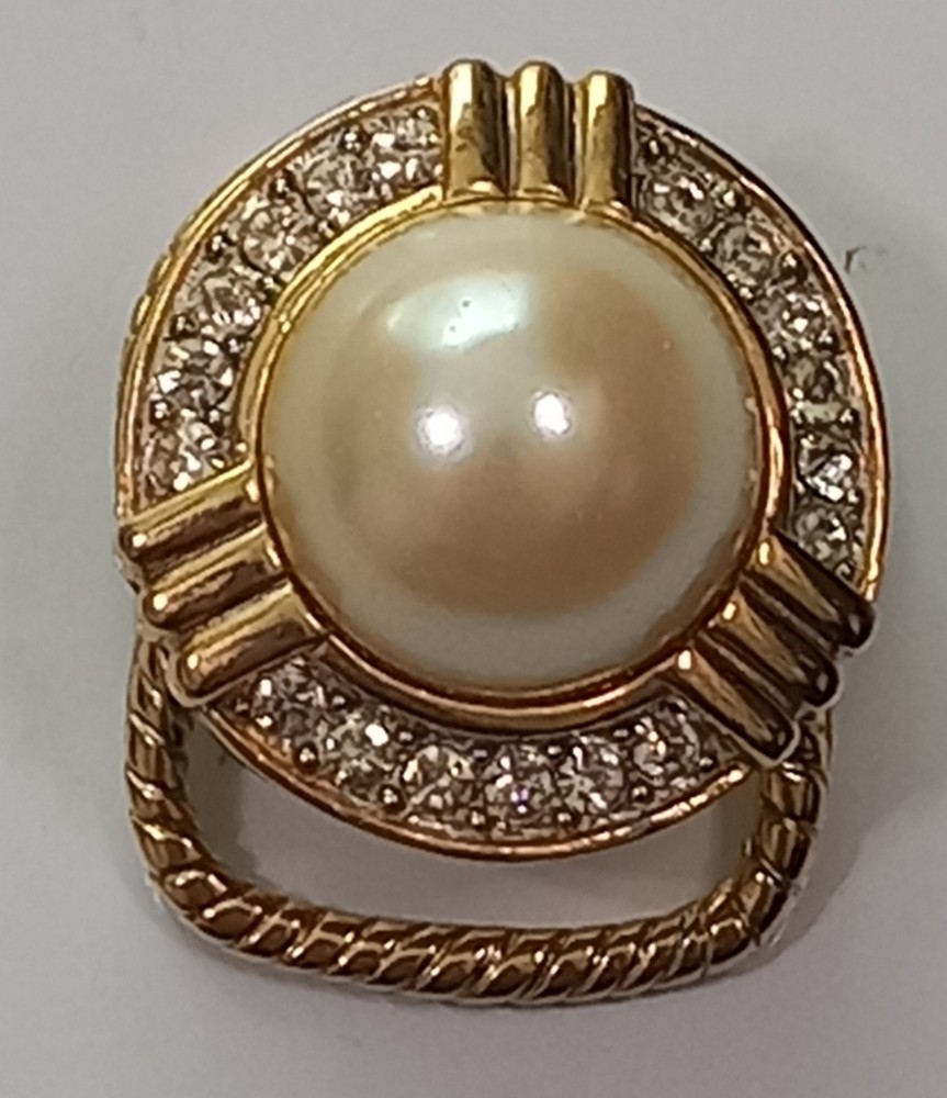 Vtg 1970s 1980s Scarf Slide Ring Gold Tone Large Pearl Cabochon Rhinestone Chunk