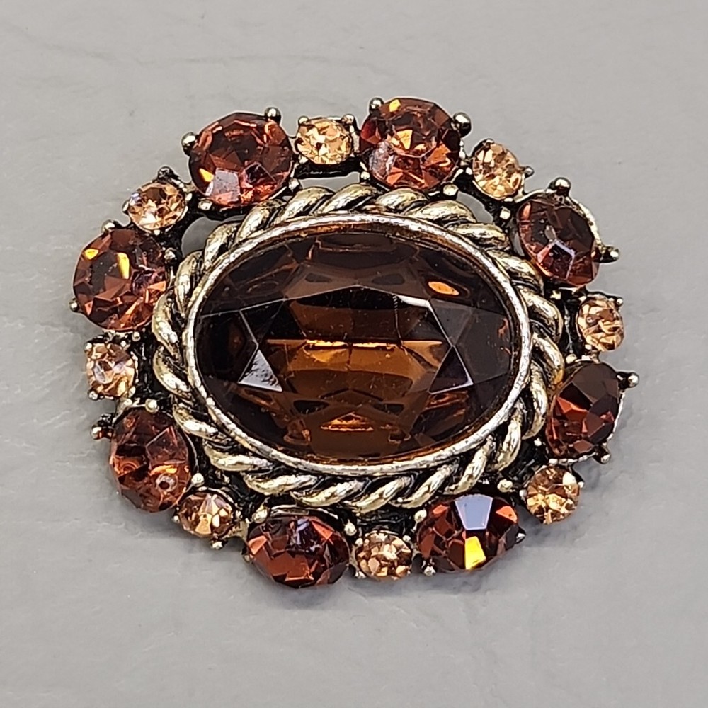 Vtg Rhinestone Brooch Gold Tone Oval Brown Glass Orange Domed Pin 1.75 in