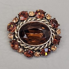 Vtg Rhinestone Brooch Gold Tone Oval Brown Glass Orange Domed Pin 1.75 in