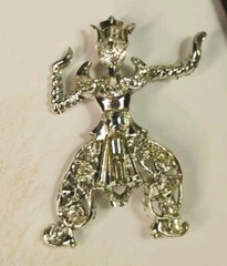 Thai Bali DANCER 2″ Exotic Figural Costume, Silver Tone Brooch, Clear Stones!