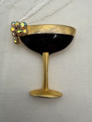 Vintage Cocktail Champagne Glass Brooch AB Rhinestone Bubbles Gold Tone Figural