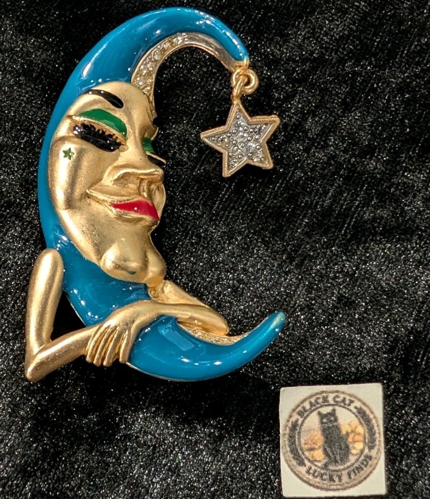 RARE Erwin Pearl Man in the Moon Brooch Blue Enamel Gold Tone Celestial Star