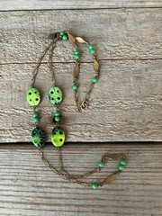 Vintage Art Deco Czech Green Glass Carved Beads Paperclip Chain 26 in Necklace