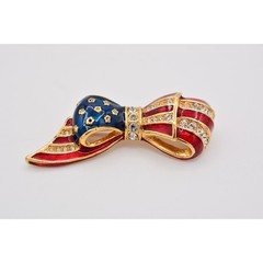 Carolee Vintage American Flag Bow Pin Brooch Pave Crystal Gold Signed 80s BinAP