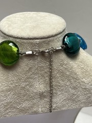 Vintage Artisan Glass Disks Double Knotted Cord Necklace Blue Green Topaz 20”