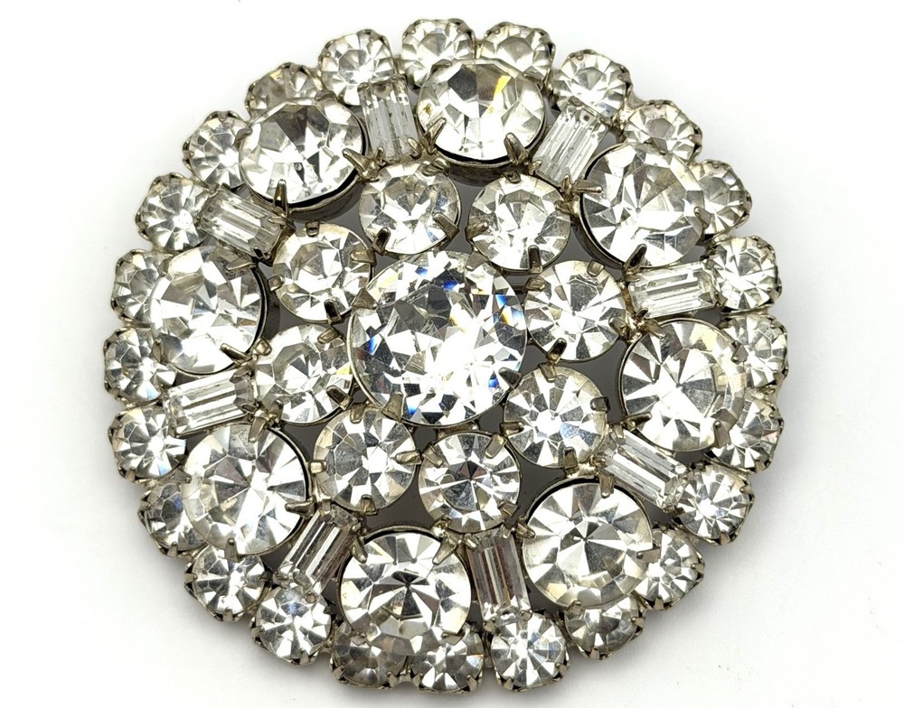 Vintage Large Clear Rhinestone Brooch Pin Domed Round Clear Crystal Silver Tone