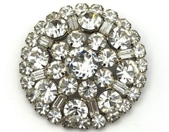 Vintage Large Clear Rhinestone Brooch Pin Domed Round Clear Crystal Silver Tone