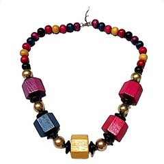 Vintage Natural Wood Bead Necklace Multicolor Chunky Statement Boho Artisan 14In