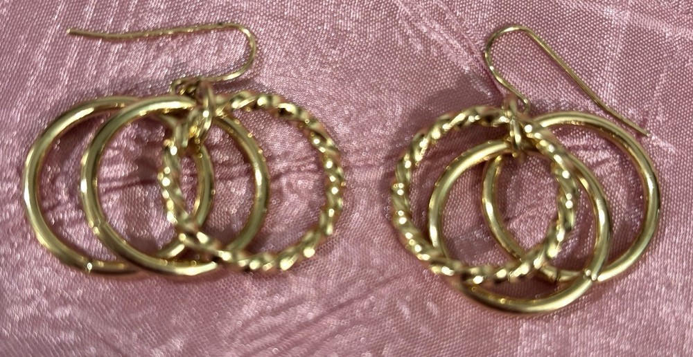 Triple Ring Dangle Pierced Earrings, Gold Tone, .75” Diameter