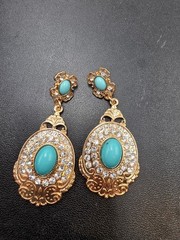 Vintage Gold Tone Turquoise Statement Drop Earrings with Rhinestone Accents