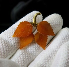 Vintage Soviet Baltic Amber Leaf Brooch Gilt Pin USSR + Gold Plated