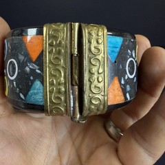 Vintage Mid Century Modern Atomic Cosmic Bangle Cuff Bracelet Inlays Brass