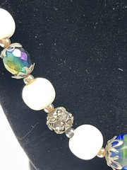Vintage White Natural Stone Infused Art Glass Aurora Bead Crystals 28” Necklace