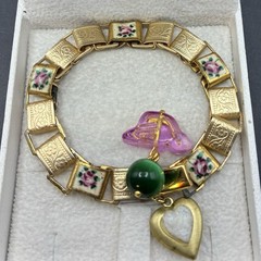 Czech Glass & Faux Opal Heart Locket, Vintage Mix Victorian Book Chain Bracelet
