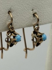Antique 14k Yellow Gold & Turquoise Blue Buttercup Kidney Wire French Earrings