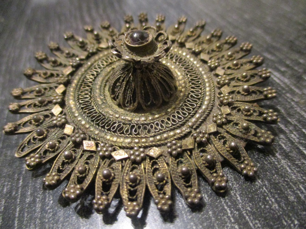 Vintage Estate Ethnic Sterling Silver Filigree Hand Made Flower 2-1/4 Brooch Pin
