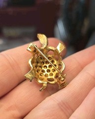 Adorable Green Eyed Turtle, Brown Rhinestone Back Goldtone Brooch