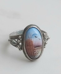 Vtg 1990s Genuine Russian Rostov Finift Enamel Winter Landscape Ring Earrings Se