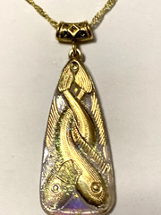 LAST ONE*RARE-ANT.EGYPT REVIVAL GOLD AURORA CZECH GLASS FISH TRIANGLE NECKLACE.g