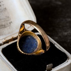 UNUSUAL ORNATE ANTIQUE ENGLISH 15K GOLD LAPIS LAZULI SIGNET RING PINKY RING 1880