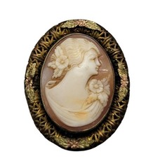 Vintage Carved Cameo Brooch Intricate Woven Frame Mixed Metal Gold Plated Leaves