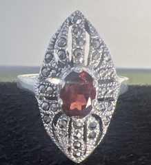 Vtg Art Deco Marquise Red Garnet & Marcasite 925 Sterling Silver 7.75 Signed CW
