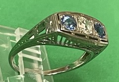 18k White Gold Art Deco Natural European Cut Diamond & Sapphire Ring