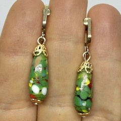 Vtg Japanese Green Millefiori Glass Teardrop Dangle Statement Earrings Screwback