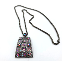 AB Rhinestone Pendant Necklace Aurora Borealis AB Gunmetal Windowpane Floral 28″