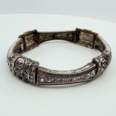 VTG Antique Silver Tone Clear Rhinestone Swirl Art Deco Stretch Bangle Bracelet