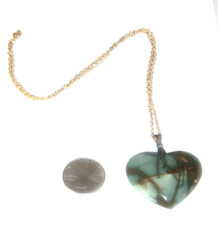 Vintage Green Heart Shaped Polished Stone Pendant Necklace ~ Charm on Chain-RARE