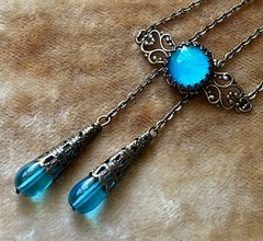 Vintage Necklace Art Nouveau Aqua Cabochon Pendant Czech Glass Lariat
