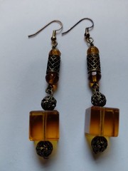 Estate Art Deco Ornate Brass Filigree and Amber Glass Drop Dangle Earrings