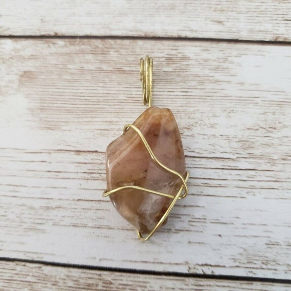 Vintage Pendant Orangey Polished Rock with Gold Tone – No Chain Included