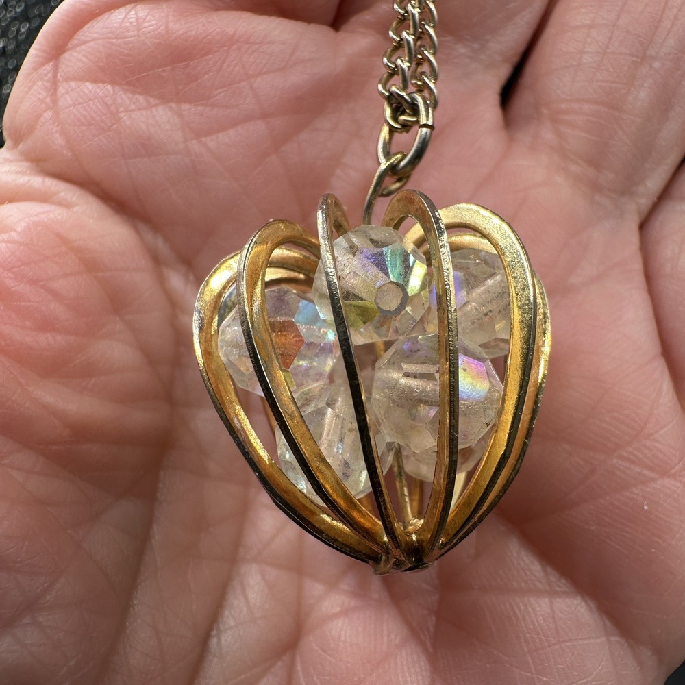 Vintage Pendant Necklace Aurora Borealis Crystal Bead Cage Gold Tone 24”