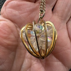 Vintage Pendant Necklace Aurora Borealis Crystal Bead Cage Gold Tone 24”