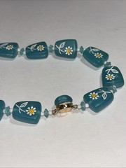 Mid-century Beaded Necklace Inset Daisy Flower Aqua Blue Beads Vintage Hong Kong