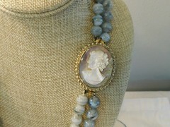 Vintage Carved Abalone Cameo Agate Beaded Necklace Brooch and Earrings Set