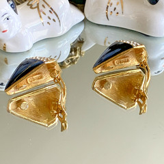 Vintage Ciner Asymmetrical Gold Plated Black Enamel Crystal Clip-On Earrings