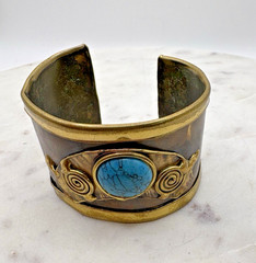 Vintage Artisan Jewelry Cuff Bracelet Handmade Blue Stone Mixed Metals Brutalist