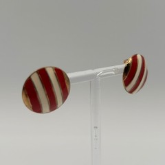 Vintage Red Cream Enamel Striped Gold Tone Round Stud Button Earrings Nautical
