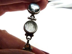 LARGE OVAL FACETED BLUE TOPAZ MELON CARVED QUARTZ STERLING SILVER BRACELET