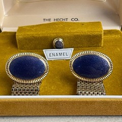 Swank Purple Enamel Cufflinks & Tie Tack Set 1950s Gold Tone Metal Ovals