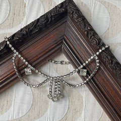 Vintage Silver Tone Rhinestone Bib Fringe Drop Necklace Mid Century festoon