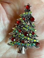 Green AB Rhinestone Christmas Tree Brooch 1.8X1.2 inches
