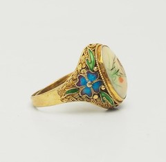Vintage gilt silver enamel etched Bird motif adjustable open band ring China