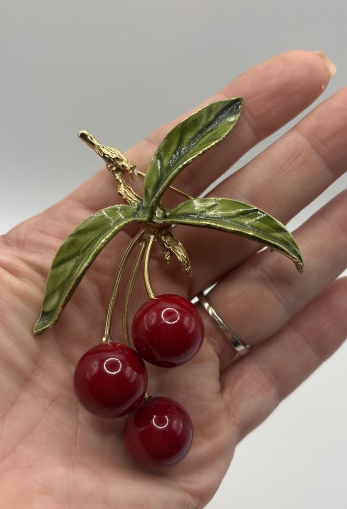 Vintage Large 3.25″ Gold-Tone Red & Green Enamel Cherry Statement Brooch