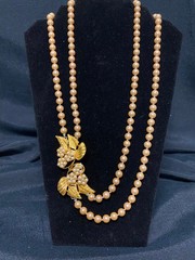 Vintage CELEBRITY NY Double Strand Faux Pearls & Rhinestone Necklace Leaf Clasp