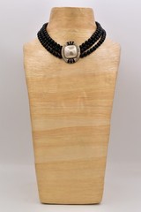 Vintage Black Bead Faux Pearl Rhinestone Enamel Multi Strand Choker 1980s BinBH